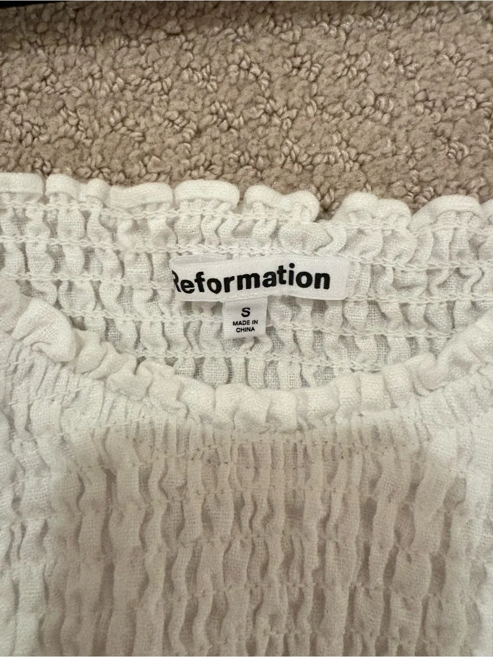 Reformation White Smocked Linen Puff Sleeve Blouse Size S